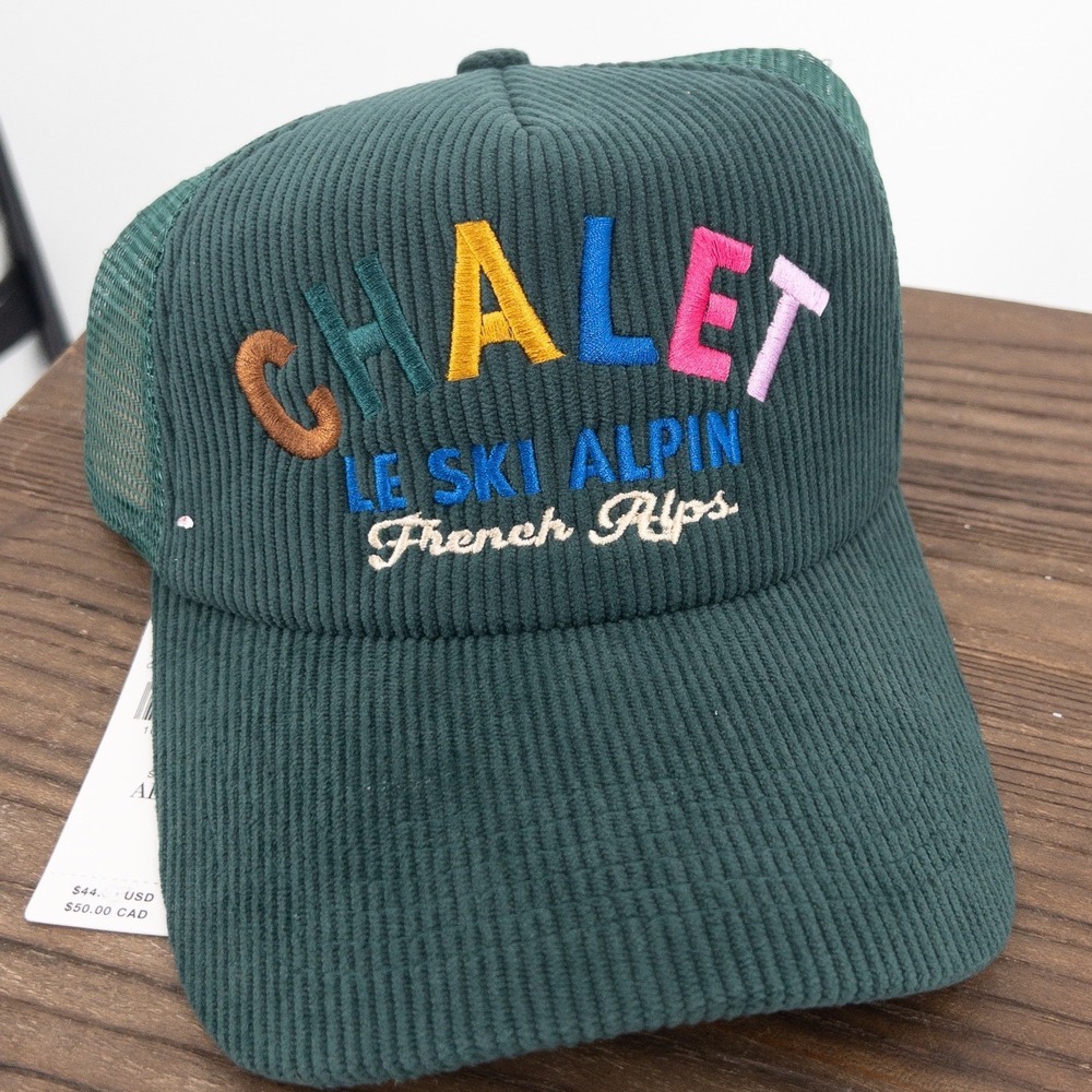 Anthropologie Worn/West Chalet Le Ski Alpine Corduroy Trucker Hat Dark Green NWT